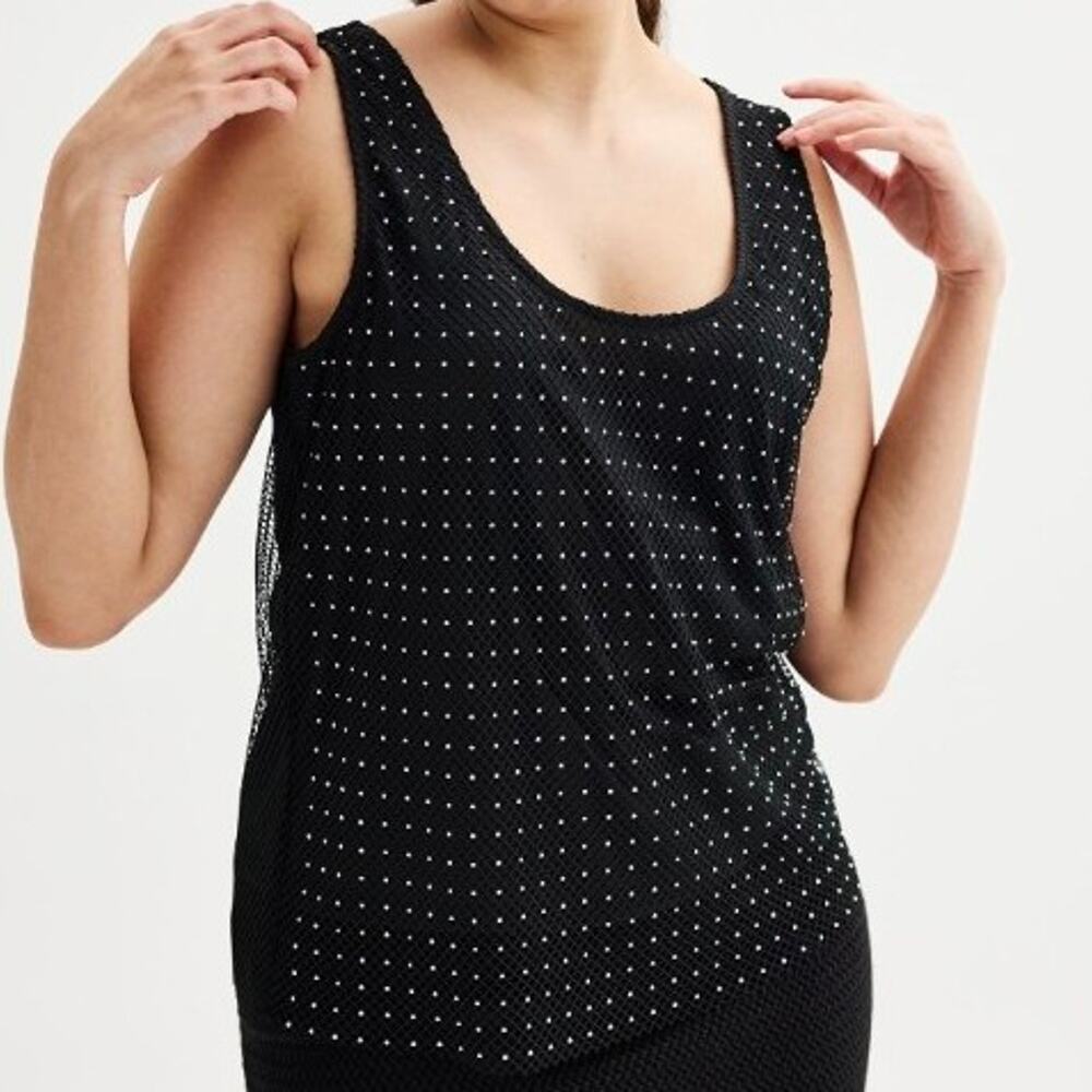 INTEMPO Black Mesh Rhinestone Tank Top Y2K XXL #283
